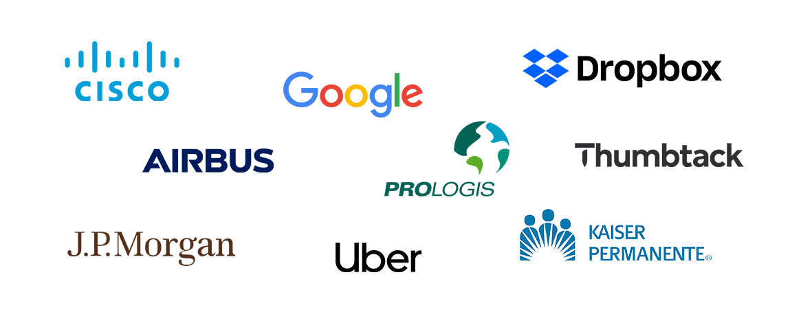 Client logos: Airbus, Cisco, Dropbox, Google, J.P. Morgan, Kaiser Permanente, Prologis, Thumbtack, Uber